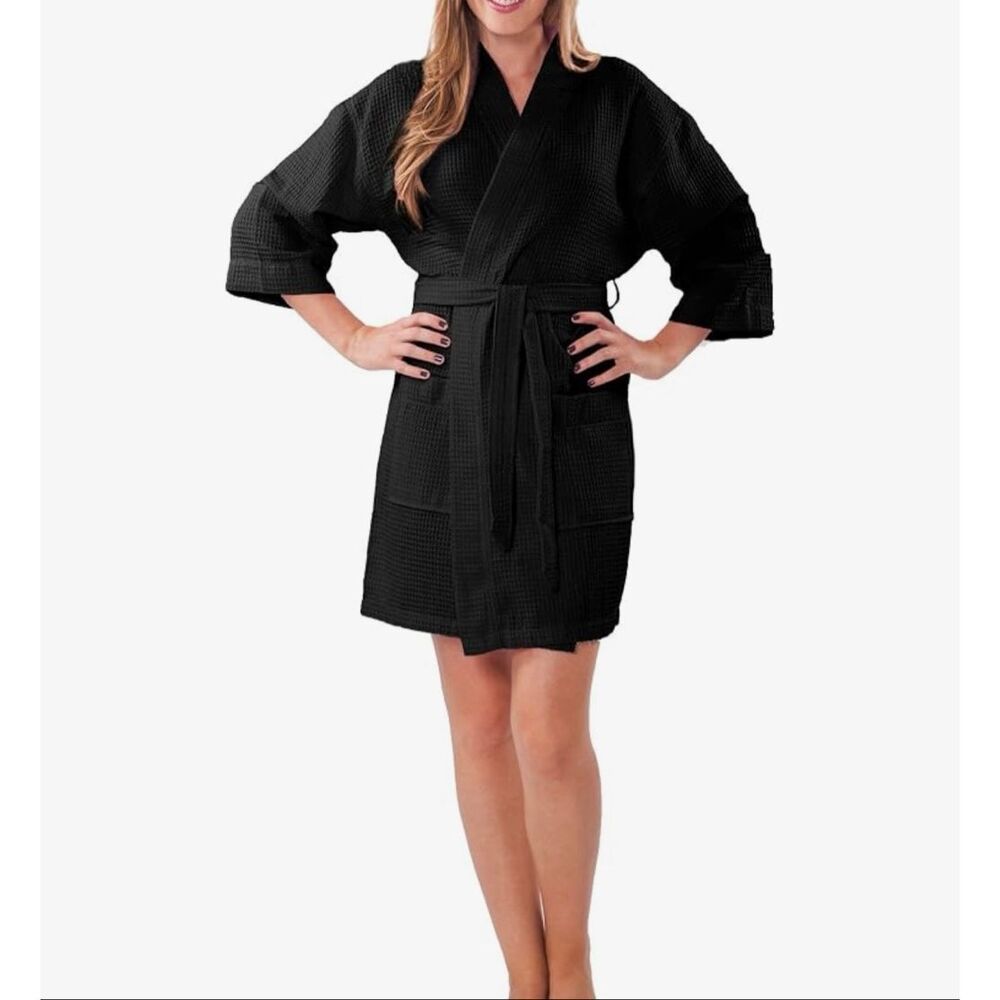 Turquaz Black Waffle Weave Cotton Spa Bath Robe Kimono Belted Pockets Size L